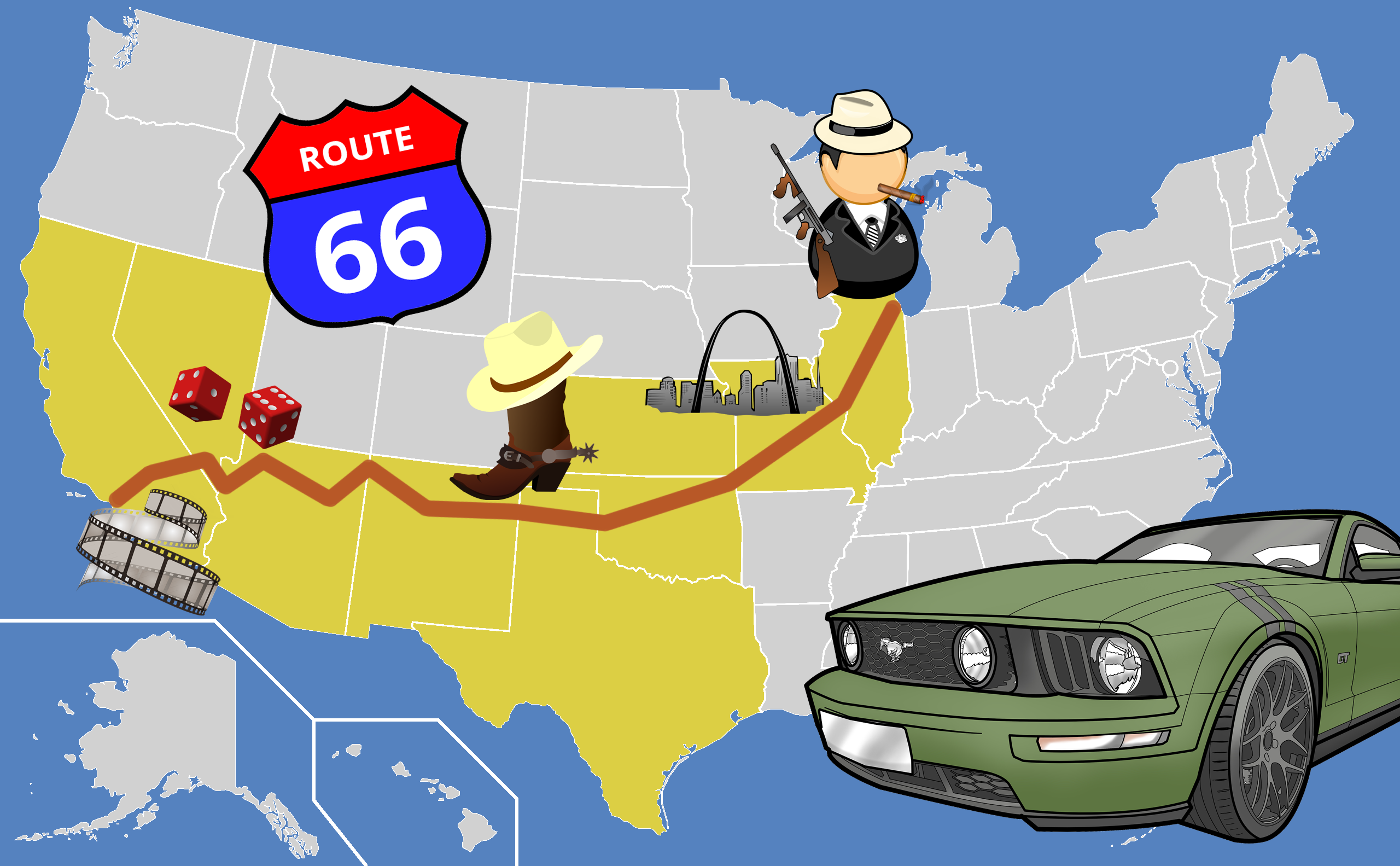 Carte représentant le tracé de la Route 66 aux États-Unis